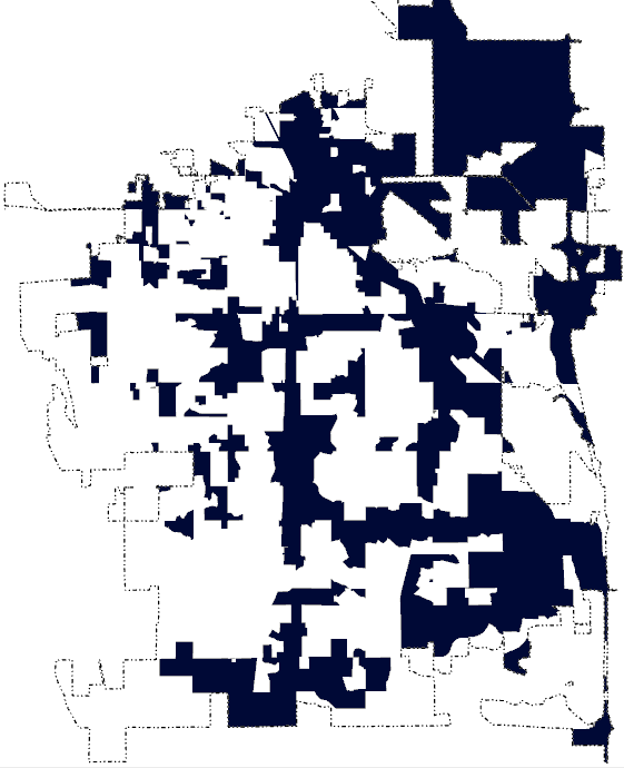Map of Fort Collins highlighting properties outside of Old Town Zone Districts, that still allow ADUs