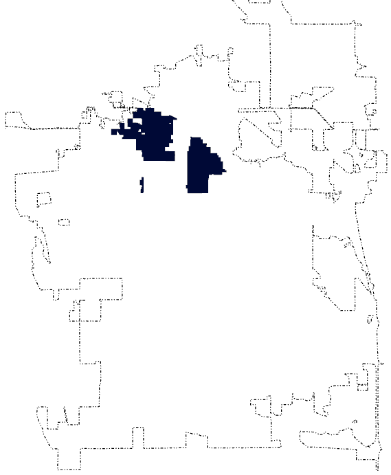 Map of Fort Collins highlighting properties in the Old Town Zone Districts, OT-A, OT-B and OT-C