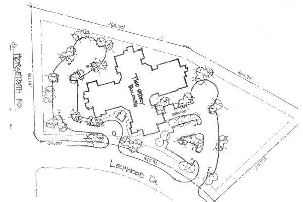 Sketched idea of a senior living facility. Parking lots front on streets. Building is set in the middle of the lot.