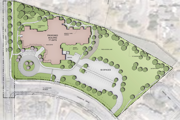 A sketch of a site plan for a senior living home. Building fronts on the street. Pedestrian walks are shown.