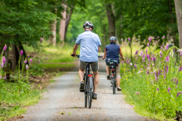 two people biking on a path